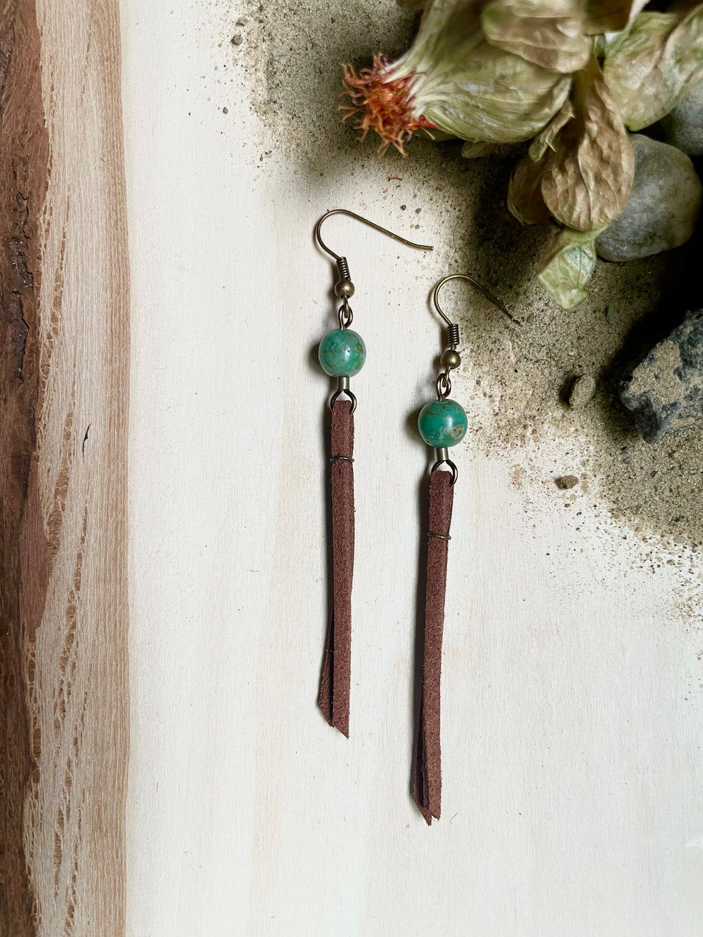 Green Agate Suede Tassel Earrings