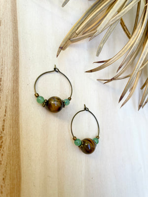 Tiger's Eye + Green Aventurine Hoops