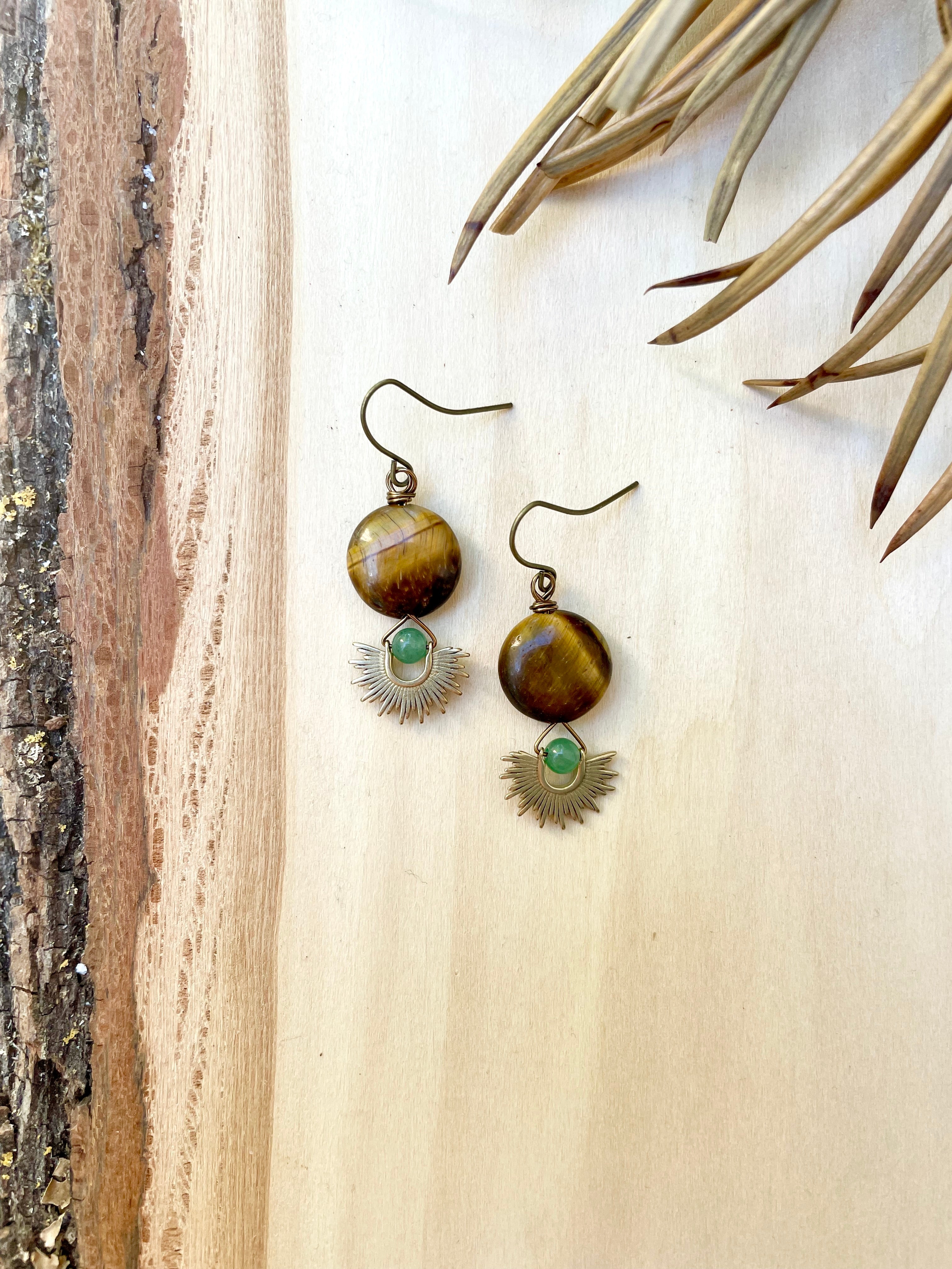 Tiger's Eye + Green Aventurine Sun Burst Earrings