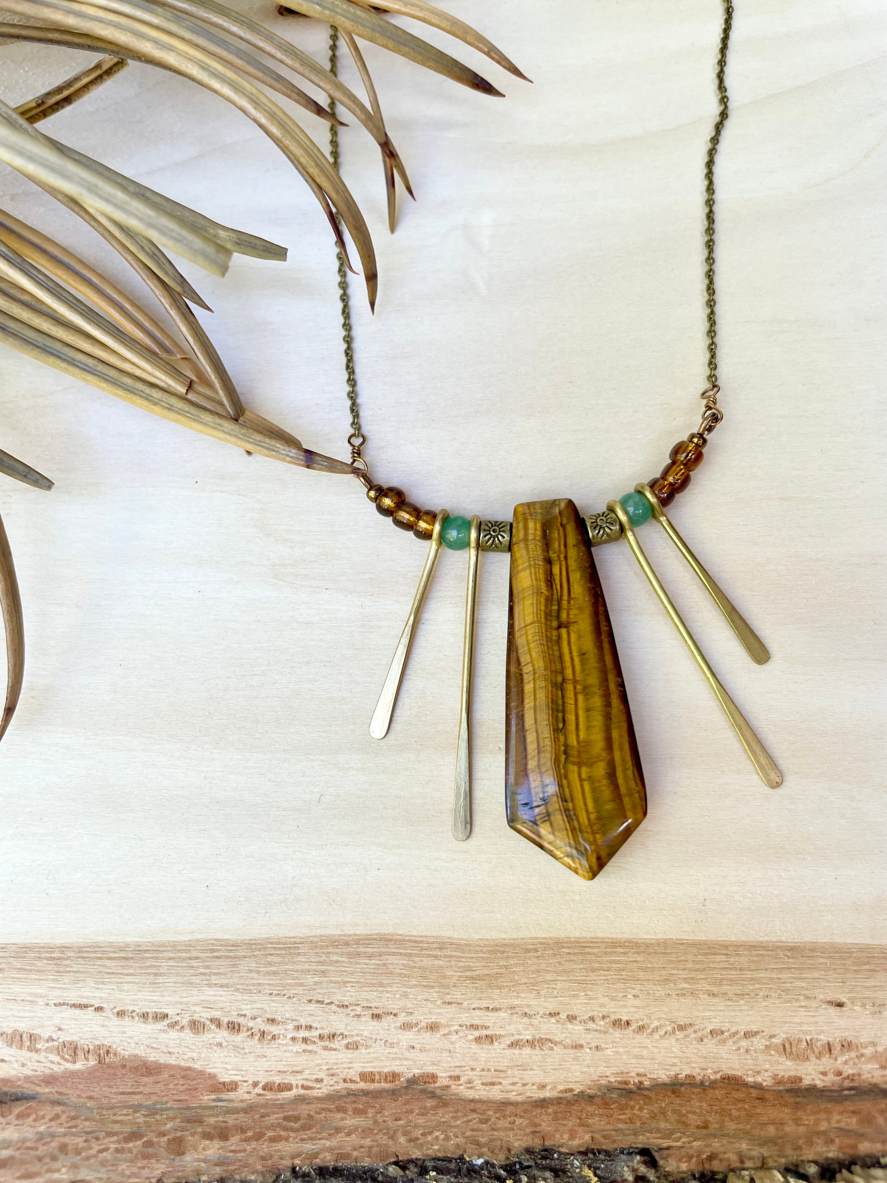 Tiger's Eye + Green Aventurine Solar Flare Statement Necklace